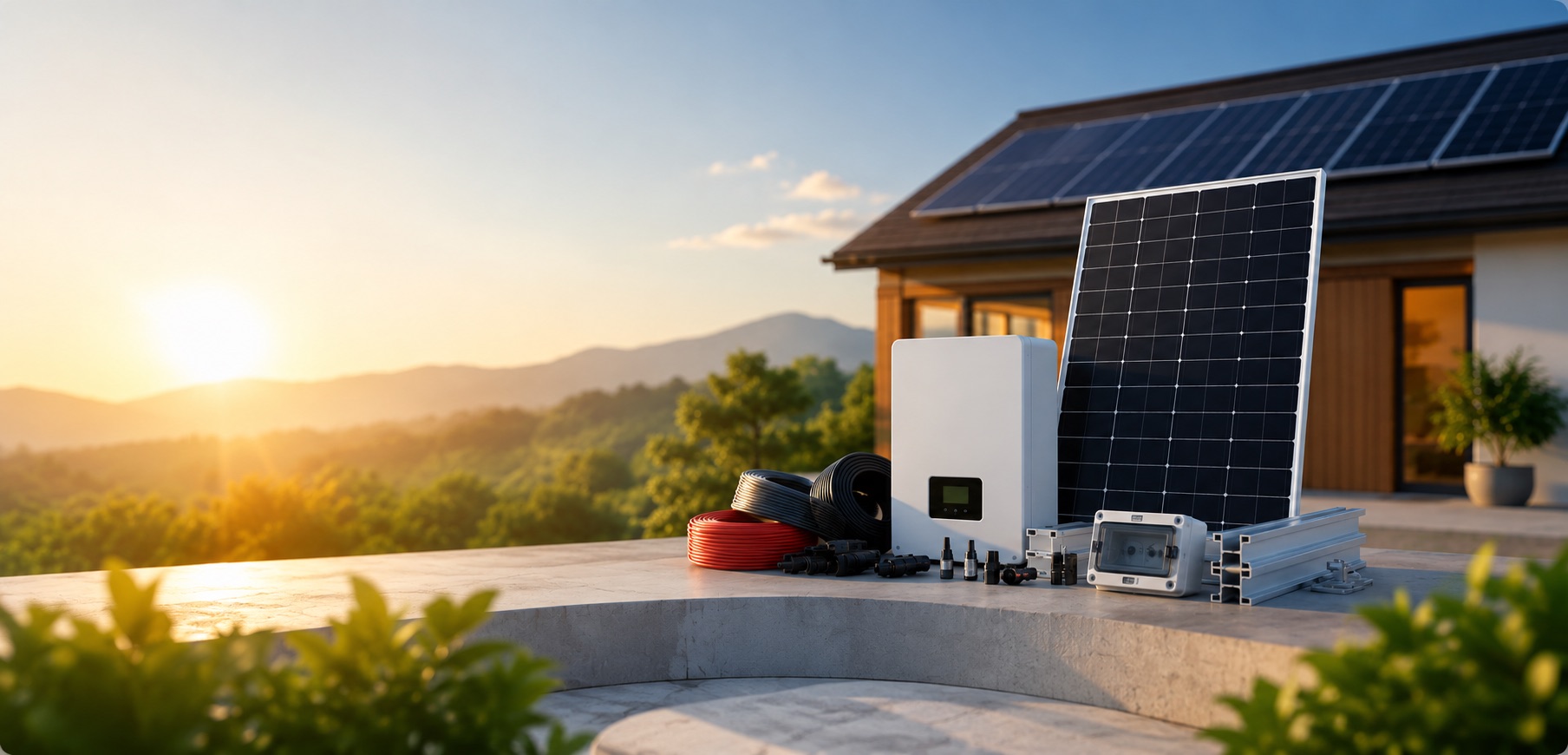Photovoltaik-Komponenten: Solarmodul, Wechselrichter, Solarkabel, Steckverbinder und Montageschienen vor einem Haus mit Solardach